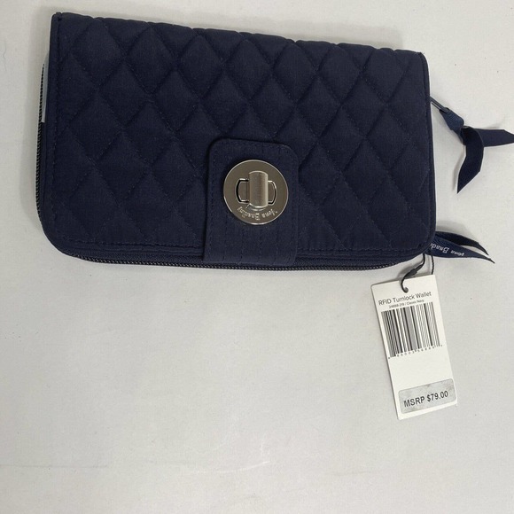 Vera Bradley RFID Turnlock Zip Wallet Microfiber NWT Classic Navy MSRP $79.00 - Picture 1 of 4